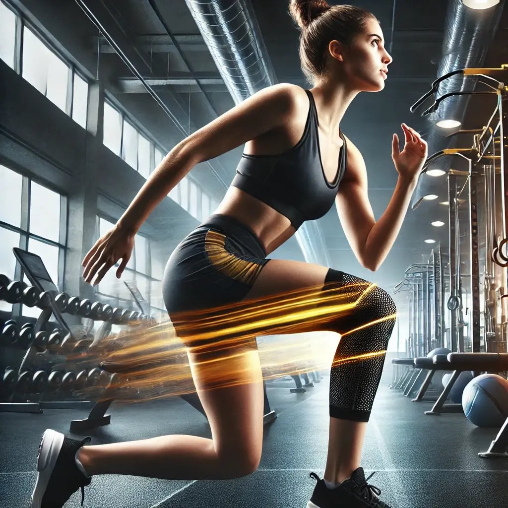 DALL·E 2024-07-28 11.54.52 - A square image of a female athlete in a gym performing a knee rehabilitation exercise for ACL recovery, styled to look like a modern advertisement. Th