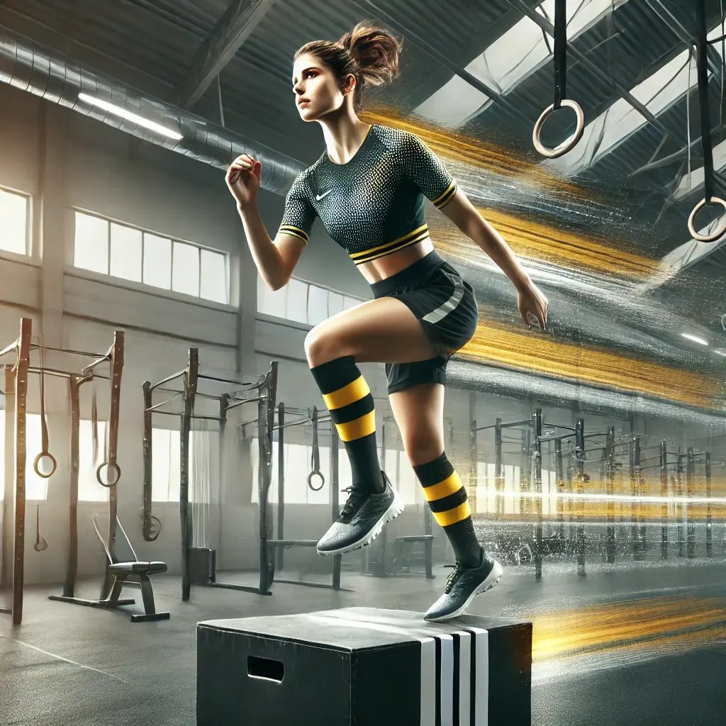 DALL·E 2024-07-28 11.58.07 - A square image of a female athlete in a soccer training kit performing a box jump in a gym, styled to look like a modern advertisement. The athlete is