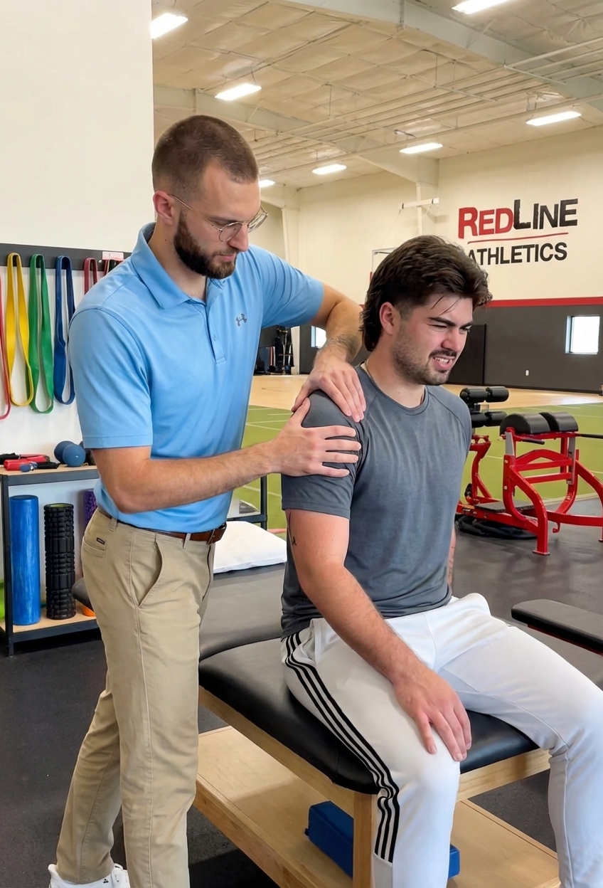 Athlete receiving manual therapy treatment at a sports performance clinic in San Antonio