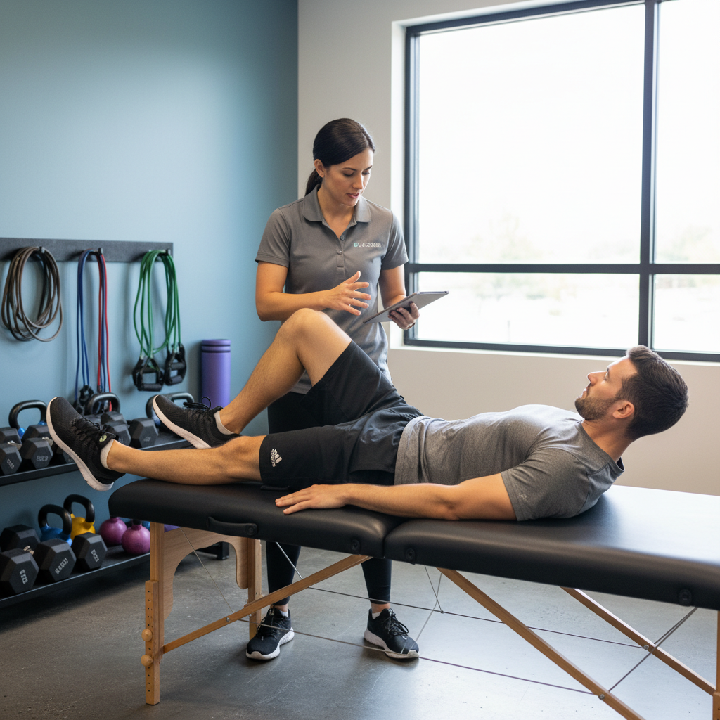 Physical therapist performing personalized movement assessment with athlete in San Antonio physical therapy clinic